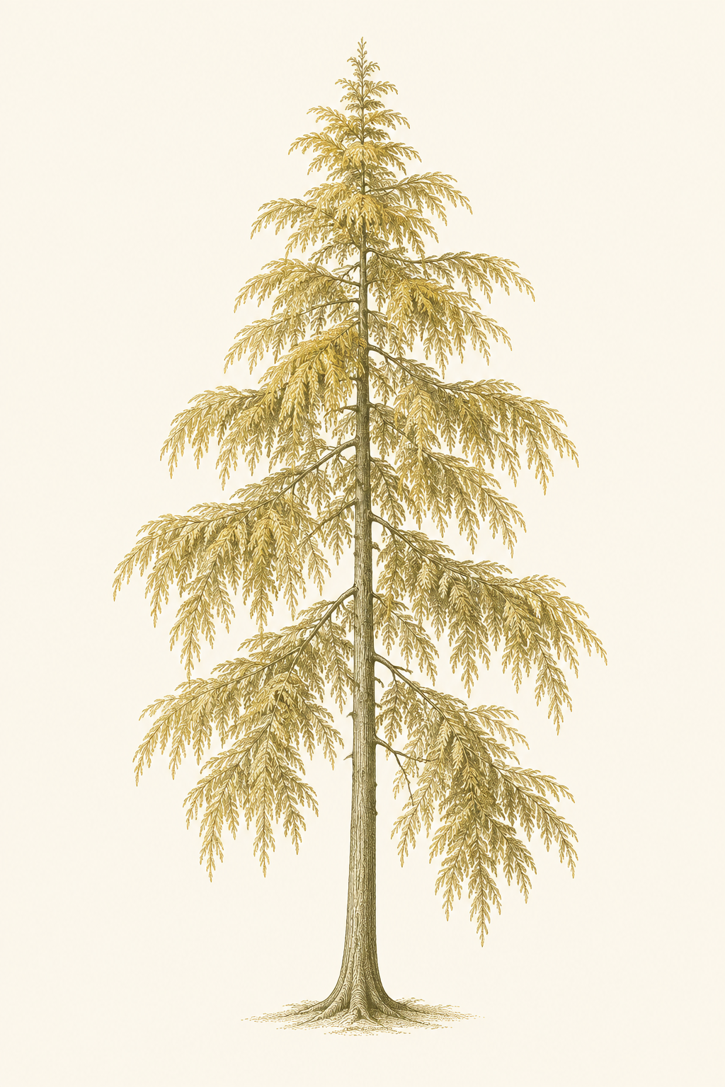 A yellow cedar tree illustrated in warm golden ink